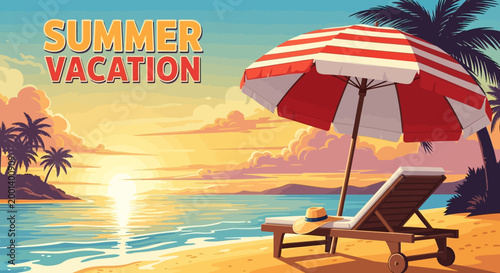 Summer vacation beach scene with lounge chair.