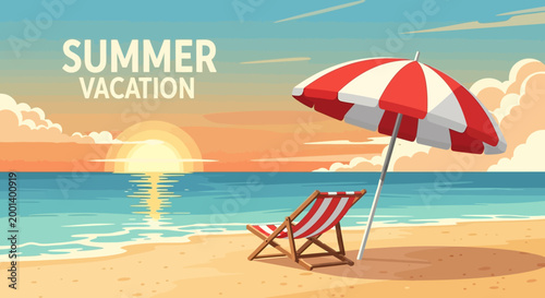 Beach scene with umbrella and chair.