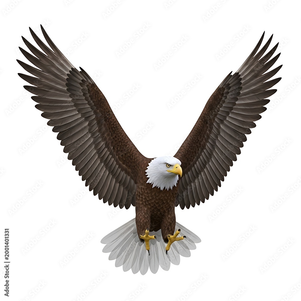 Fototapeta premium A majestic bald eagle spreads its wings in flight against a white background.