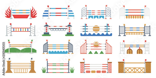 Equestrian Jumping Obstacles Collection, Horse Show Rails and Brick Wall Barriers Set, Flat Vector Illustration for Riding Arena, Competition Course Design, and Training Elements