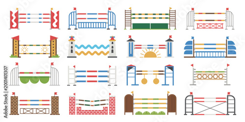 Equestrian Show Jumping Obstacles Set, Horse Riding Rails and Brick Wall Barriers Collection, Flat Vector Illustration of Jump Course Elements for Competition, Training, and Sports Design
