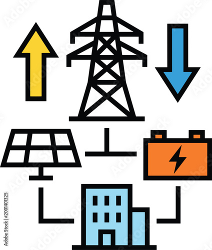 Energy flow system illustration with power grid solar panel battery storage and distribution network representing electricity generation and supply concept