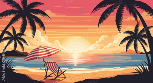 Beach scene with palm trees at sunset.