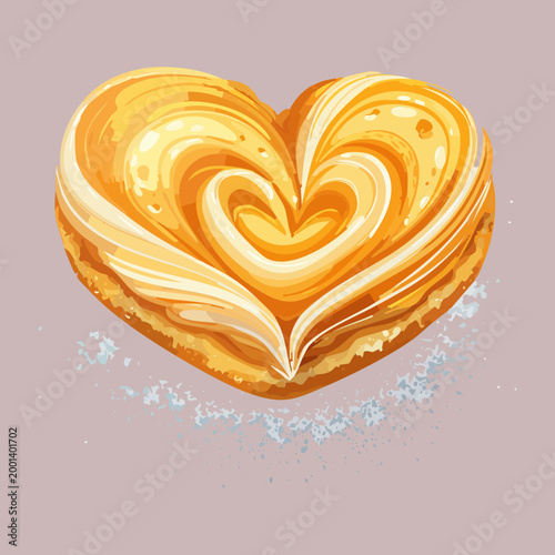 Foto Traditional heart shaped puff pastry cookie with golden sugar glaze and flaky te