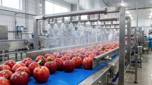 Red apples being washed on a conveyor belt in a food processing plant