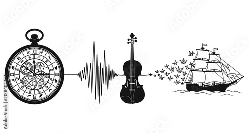 Vintage pocket watch, sound wave, violin and sailing ship with butterflies