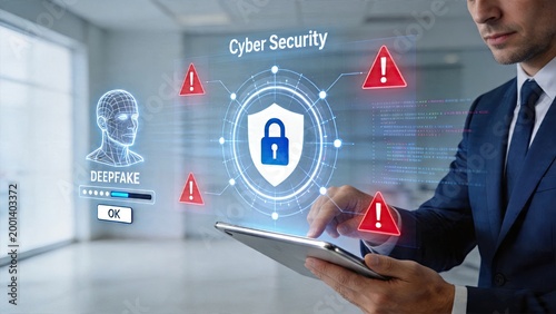 Businessman interacting with holographic cyber security interface protecting against deepfake identity fraud digital data security threat protection shield icon on tablet modern