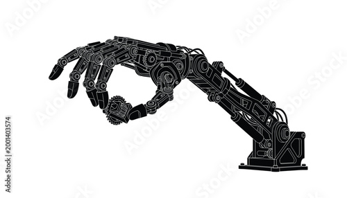 Robotic arm with articulated fingers holding gear, technological industry illustration transparent vector graphic.