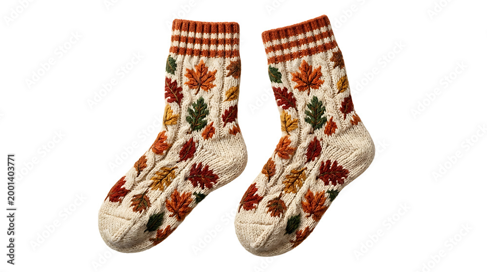 pair of hand knitted autumn socks with floral pattern isolated on transparent background