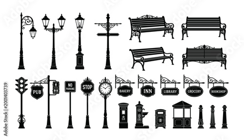 Vintage street furniture and signs lampposts benches street signs pub library grocery bookshop post box bins.