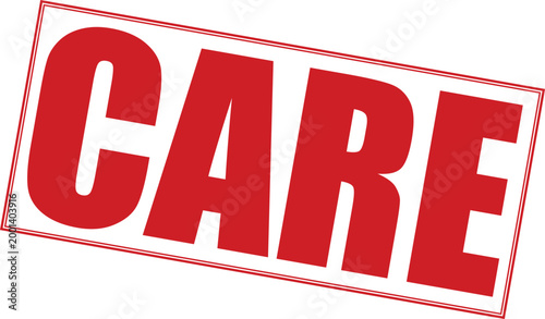 Bold red care text vector illustration inside a tilted rectangular border graphic element