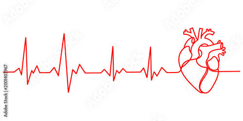 continuous one line drawing Red heart rate line, ECG heartbeat, medical illustration, health symbol