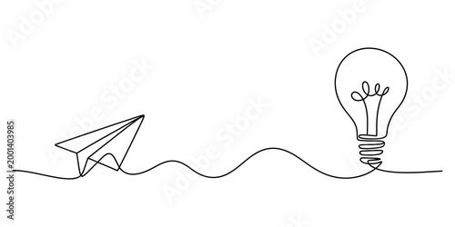 Innovation concept, creative idea, lightbulb and paper airplane, continuous line drawing, minimalist business illustration