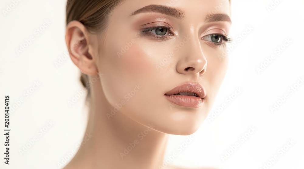 Fototapeta premium A close-up portrait of a young woman, showcasing her natural beauty with soft makeup and a calm expression against a neutral background.