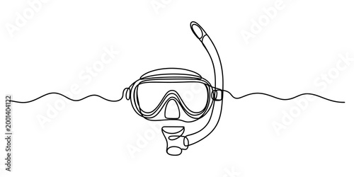 continuous one line drawing Snorkeling gear, diving mask, snorkel, swimming equipment, underwater exploration