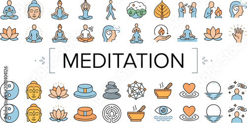 Meditation and mindfulness icons collection with yoga poses zen symbols relaxation balance spirituality and mental wellness lifestyle concept