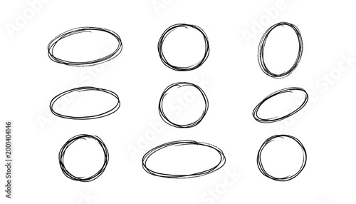 Hand-drawn doodle circles and ovals in vector format, transparent background design elements.