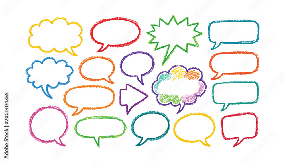 Fototapeta premium Hand-drawn chalk speech bubbles in various shapes on a transparent vector background.