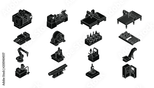 Isometric industrial machinery and equipment vector set transparent.