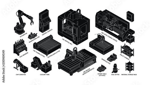 Set of industrial manufacturing equipment and machinery objects isolated on transparent background vector illustration.