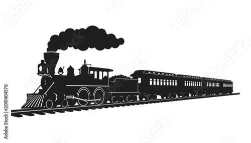 Vintage steam train on tracks with smoke from chimney isolated on transparent background vector illustration.