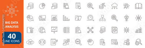 Big data analytics line icons set with AI, statistics, business, technology symbols, etc