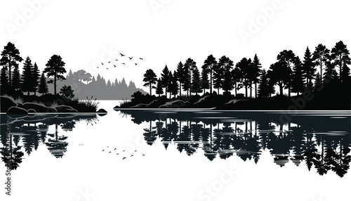 Vector silhouette of forest trees and mountains reflected in lake water with transparent background and birds flying.