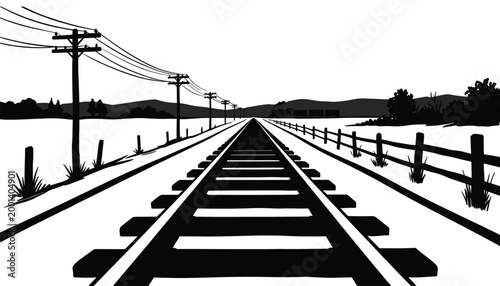 Railway track perspective vector silhouette, transportation industrial scene with train and power lines transparent.