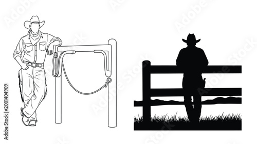 Konstfotografi Cowboy leaning on post and a dark silhouette against a fence