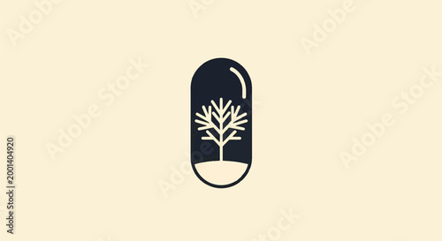 Minimalist tree logo design representing nature and growth on a pill shape.