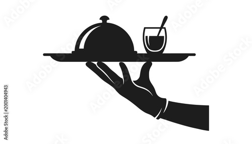 Vector silhouette of hand in glove serving covered dish and drink on tray transparent background.
