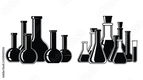 A collection of laboratory glassware in a stark black silhouette