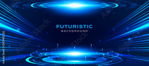 Futuristic technology digital background with blue light glowing circles and speed motion lines. Cyberpunk neon scientific hud interface design for cyberspace stage and high tech innovation concept.