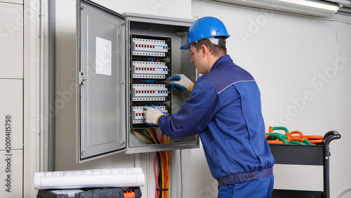 Photos electrician at work,
Technician adjusting wall-mounted breaker panel