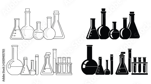 Collection of laboratory glassware including beakers and flasks silhouette