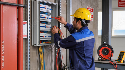 Tableau sur toile electrician at work,
Electrician testing wall-mounted breaker panel