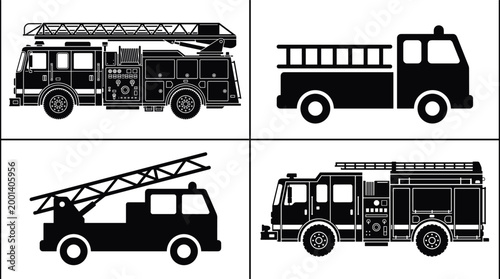 Tableau sur toile Fire truck ladder engine and rescue vehicle silhouettes emergency service vector