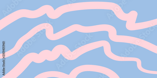 Abstract modern trendy horizontal minimal bold blue background with wavy thick pink lines; pastel colors; drawing, simple vector illustration, hand drawn in flat style