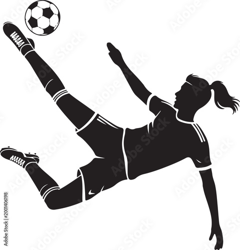 Female soccer player kicking a ball mid-air