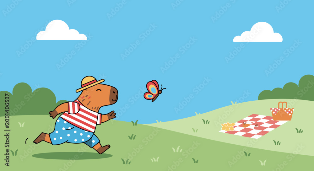 Naklejka premium cute capybara chasing butterfly in park summer nature illustration
