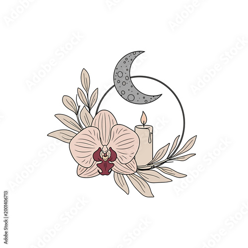 Mystical Orchid Flower with Crescent Moon and Candle Vector Art