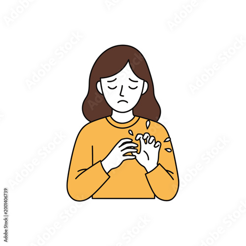 Sad Anxious Woman Fidgeting with Her Hands Vector Illustration