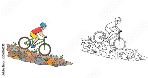 Mountain bike rider cycling on rocky trail vector illustration set with colored version and black and white line art coloring page for kids and sports enthusiasts