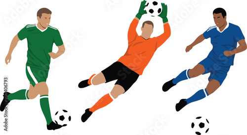 Soccer players competing for a ball with goalkeeper diving