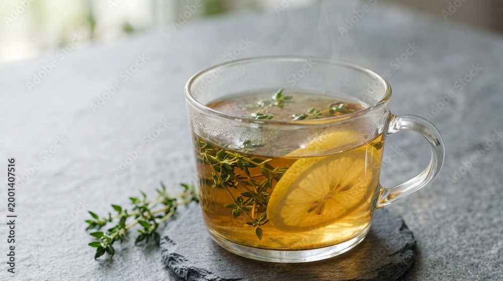 Fototapeta premium Glass Cup of Hot Herbal Tea with Fresh Thyme and Lemon Slice