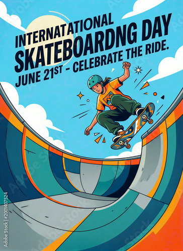 International Skateboarding Day Vector Poster with Skater Riding Half Pipe Ramp and Celebrate the Ride Typography