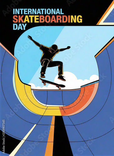 International Skateboarding Day Vector Poster with Silhouette Skater Jumping Inside Colorful Half Pipe Ramp Design