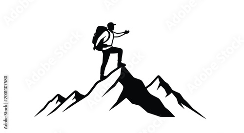 hiker reaching mountain peak silhouette on transparent background