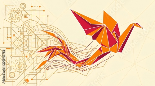 Conceptual vector illustration of an orange origami bird emerging from technical engineering blueprints and mechanical gear drawings