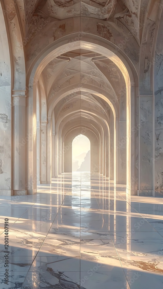 Obraz premium Long corridor of arched marble, illuminated by bright sunlight